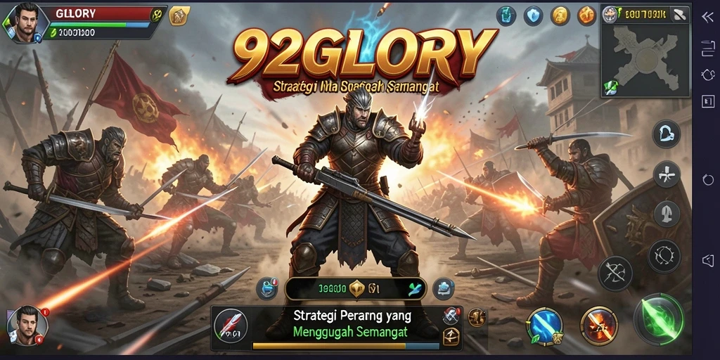 Tangkapan layar utama 92GLORY menampilkan aksi pertarungan strategis yang mendebarkan.