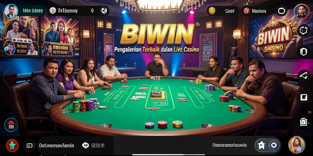 Screenshot gameplay Live Casino BIWIN menampilkan dealer profesional dan meja permainan.
