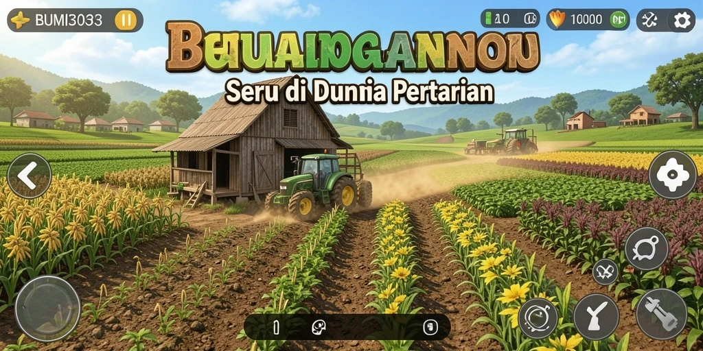 Screenshot gameplay BUMI303 menunjukkan suasana berkebun yang ceria.