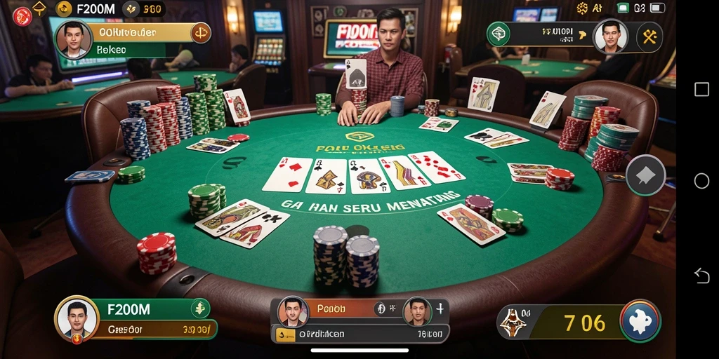 Screenshot utama F200M menunjukkan gameplay Poker yang seru dan kompetitif.