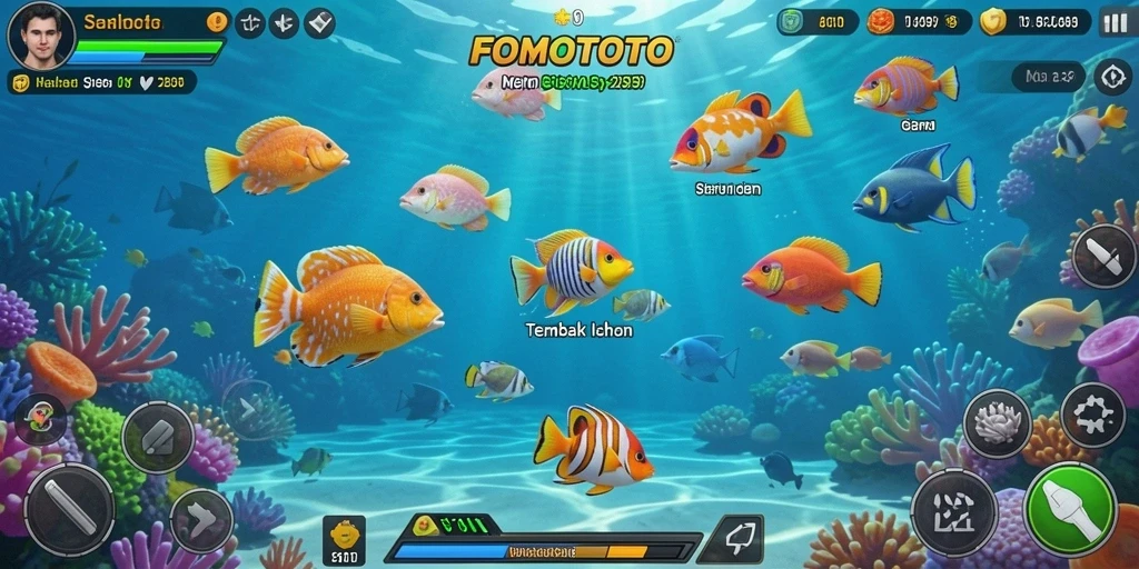 Gameplay menembak ikan di FOMOTOTO yang seru.