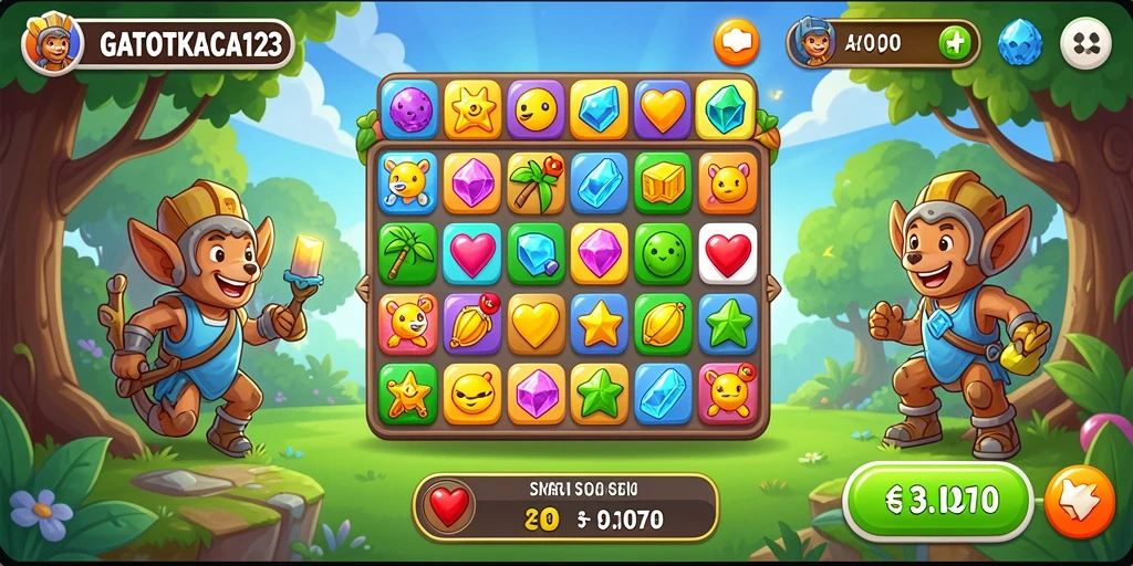 Screenshot GATOTKACA123 menunjukkan gameplay Match-3 yang seru dan penuh warna.