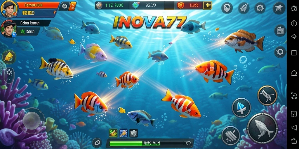 Tampilan screenshot utama INOVA77 menunjukkan aksi seru di dalam permainan Tembak Ikan.