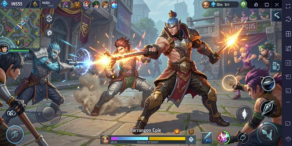 Gameplay MOBA yang intens dan seru dalam INS55.