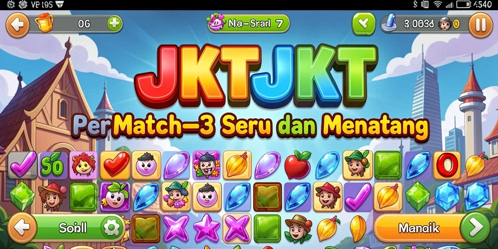 Screenshot permainan JKTJKT yang menunjukkan gameplay Match-3 yang seru.