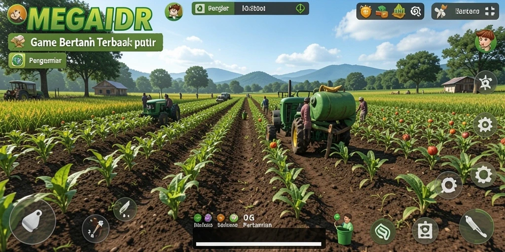 Screenshot gameplay MEGAIDR menampilkan kebun yang subur dan hewan ternak.