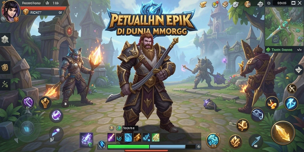 Tampilan seru dari gameplay RICH7 yang menampilkan aksi pertempuran MMORPG.