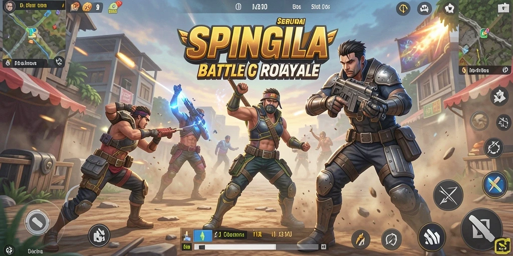 Tangkapan layar utama SPINGILA menampilkan aksi seru dalam pertempuran Battle Royale.