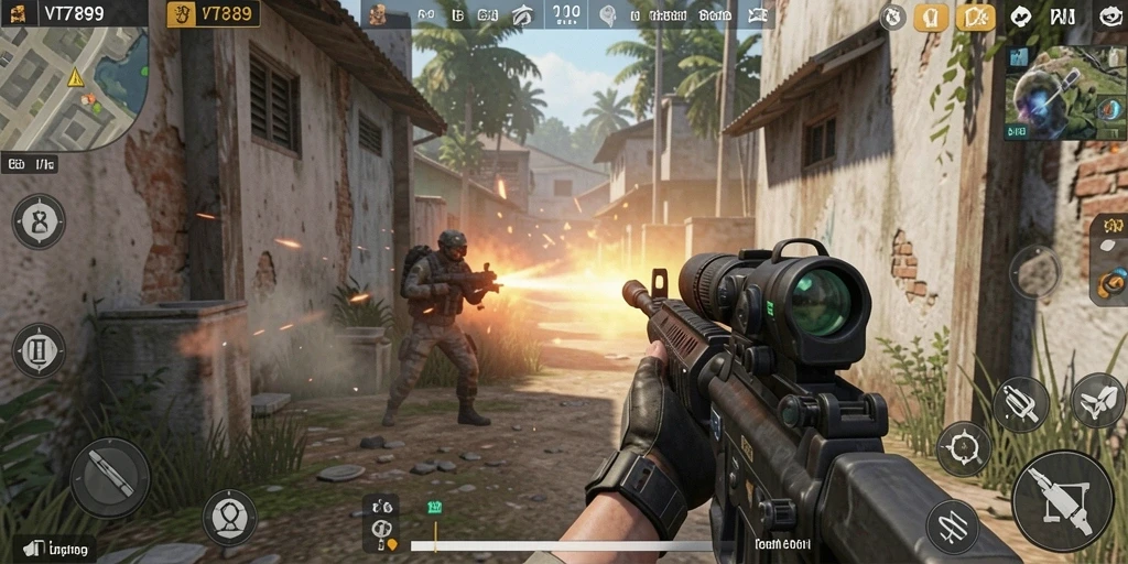Screenshot gameplay VT789 menampilkan aksi FPS yang intens.